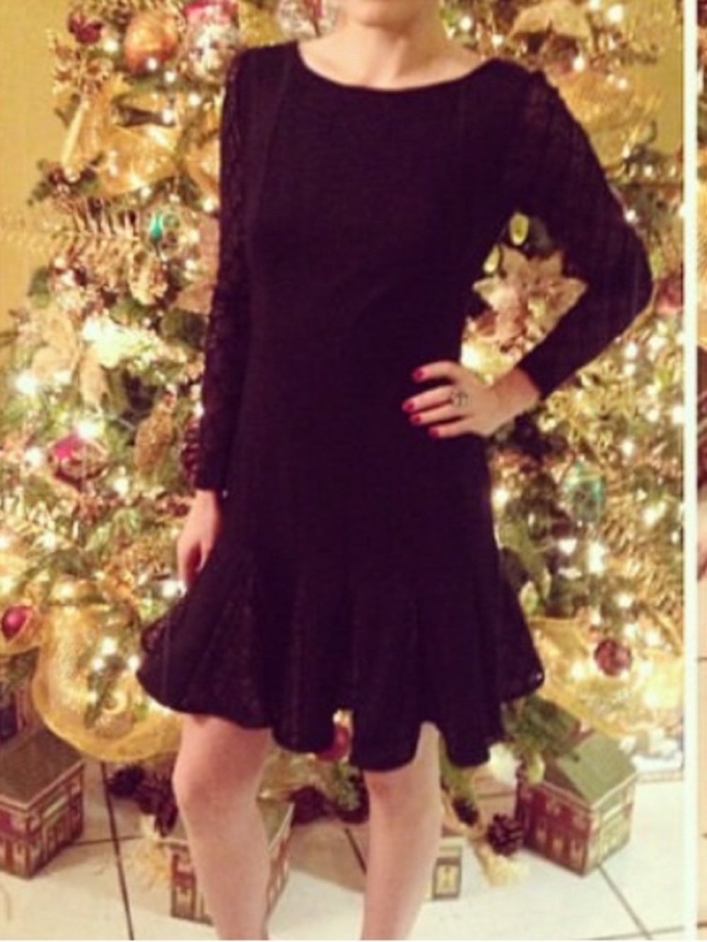 Catherine Malandrino Black Lace-Sleeve Fit & Flare Dress